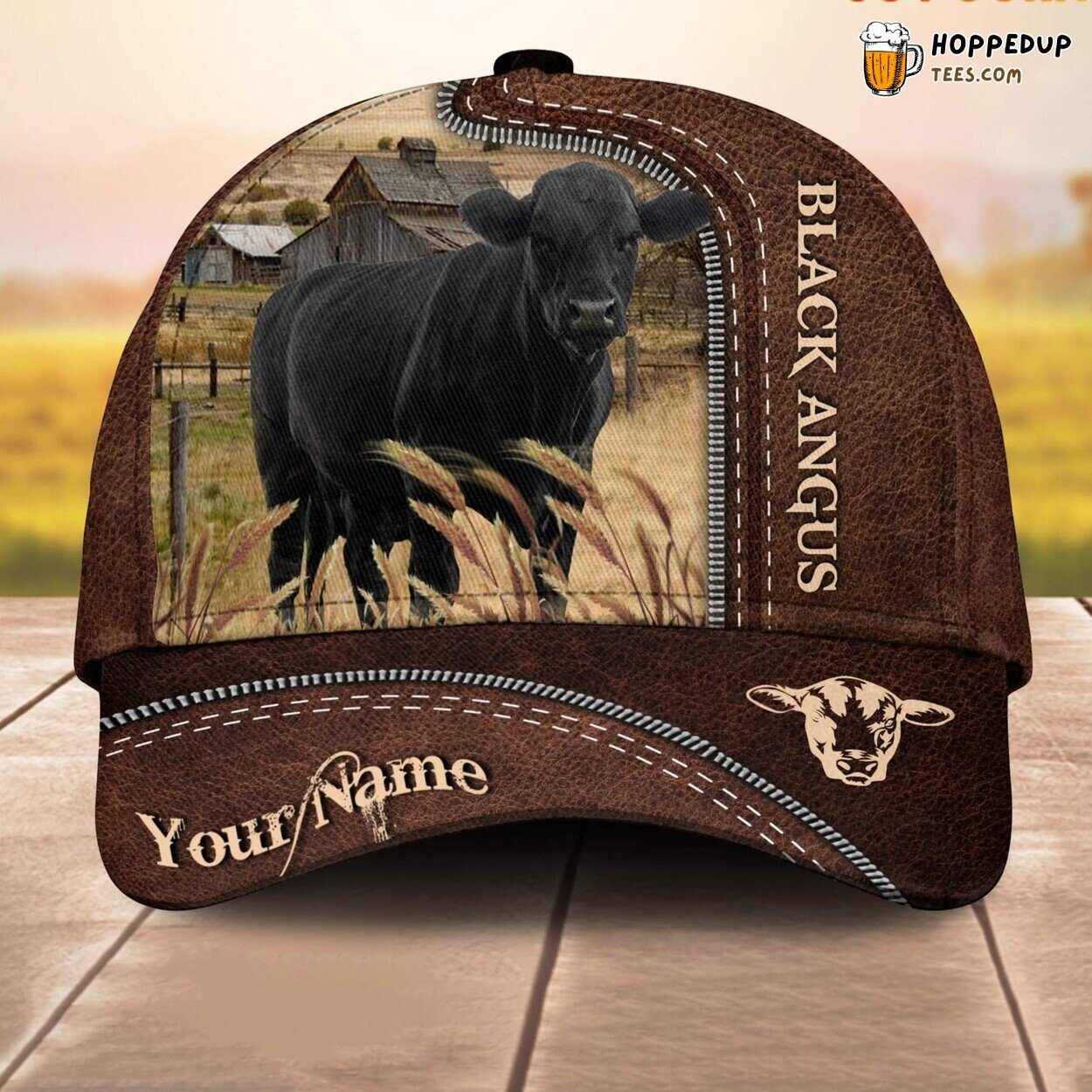 Black Angus Leather Pattern 3D Customized Baseball Cap Farm Lovers Animal