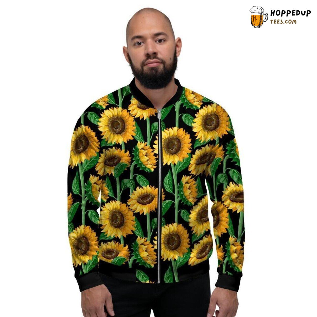 Black Background Sunflower Print Men’s Bomber Jacket Vibrant Floral Design