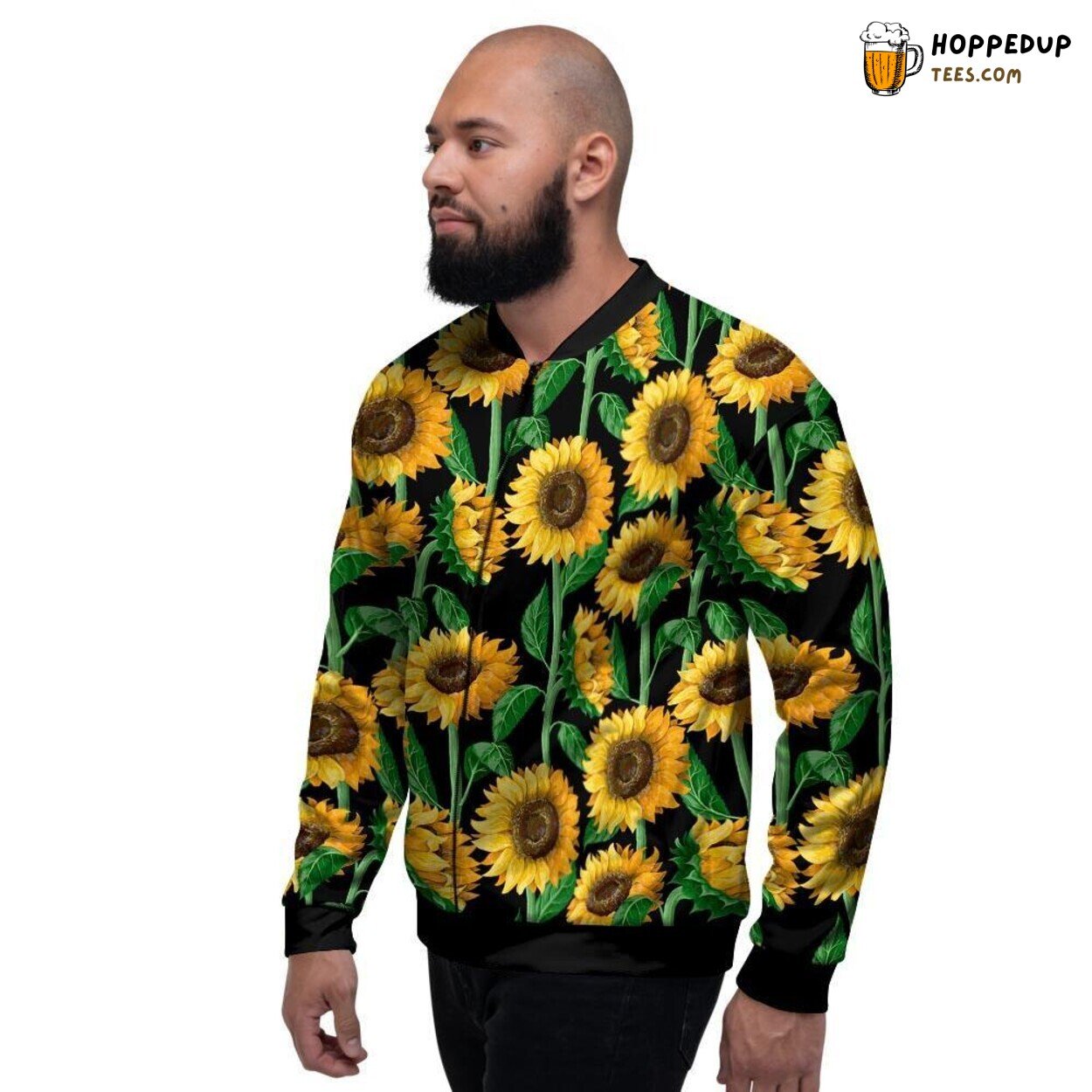 Black Background Sunflower Print Men’s Bomber Jacket Vibrant Floral Design