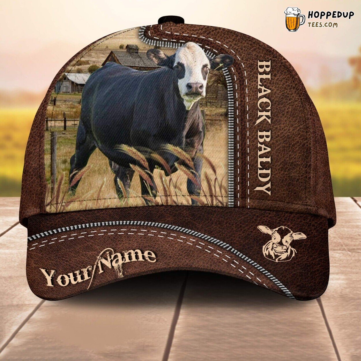 Black Baldy Leather 3D Customized Baseball Cap Farm Lovers Animal Print
