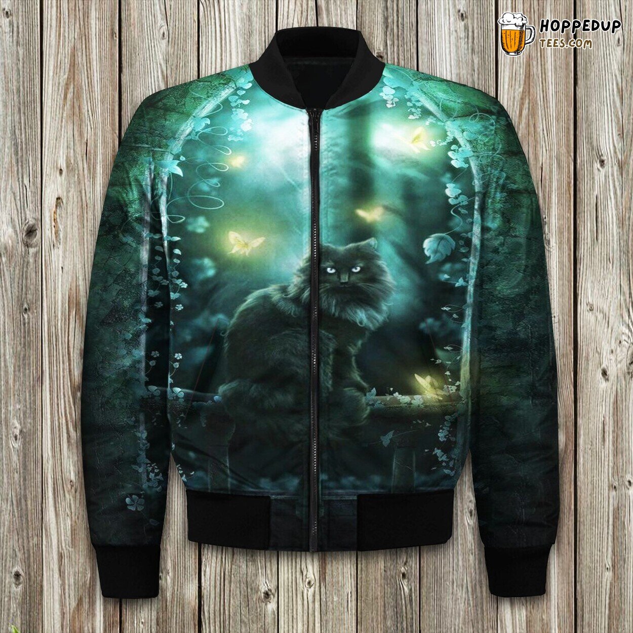 Black Cat And Golden Butterfly Bomber Jacket