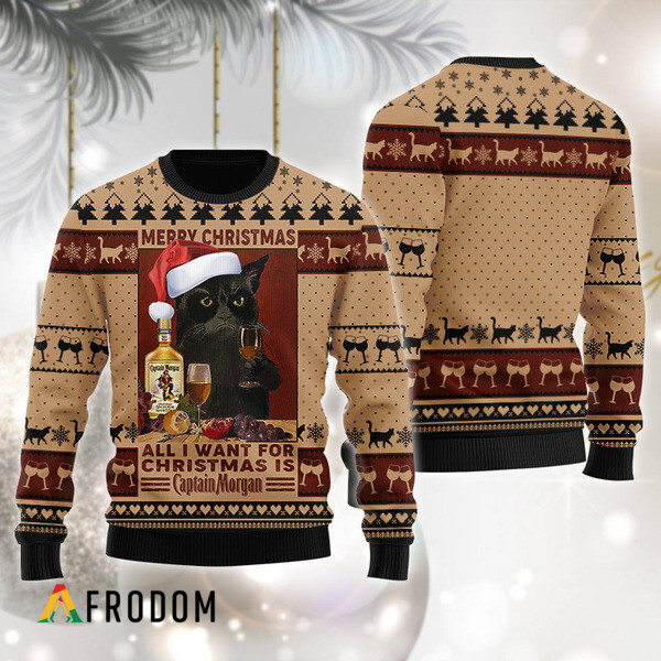 Black Cat Drinking Captain Morgan Christmas Ugly Sweater HU