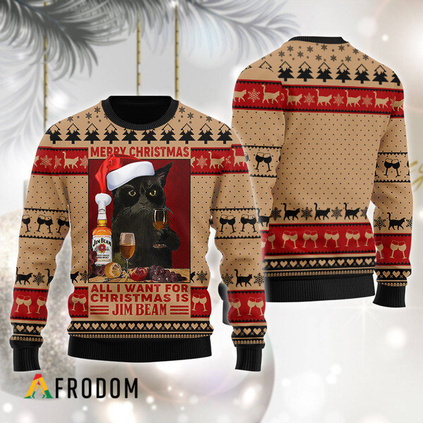 Black Cat Drinking Jim Beam Christmas Ugly Sweater HU