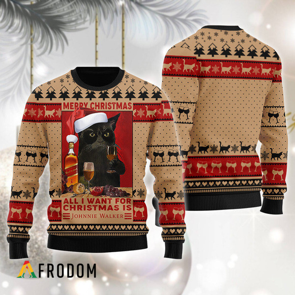 Black Cat Drinking Johnnie Walker Christmas Ugly Sweater HU