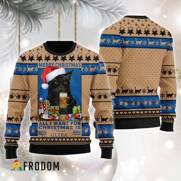 Black Cat Drinking Michelob Ultra Christmas Ugly Sweater HU