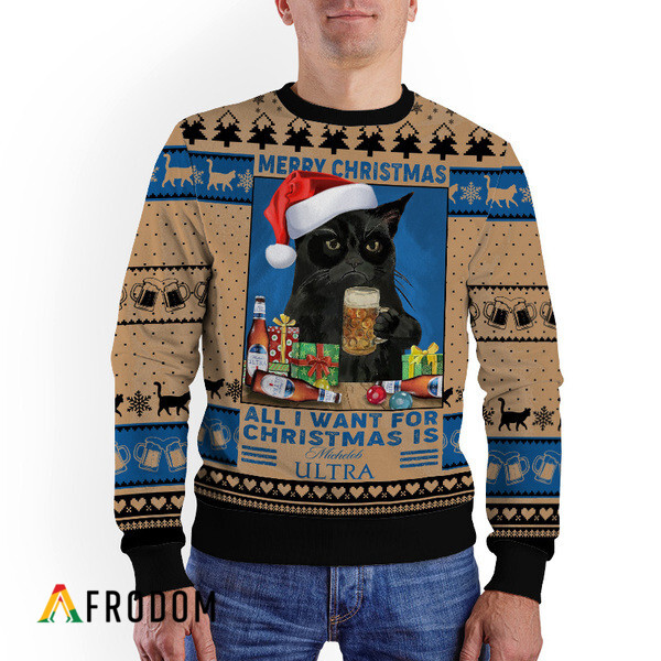 Black Cat Drinking Michelob Ultra Christmas Ugly Sweater HU