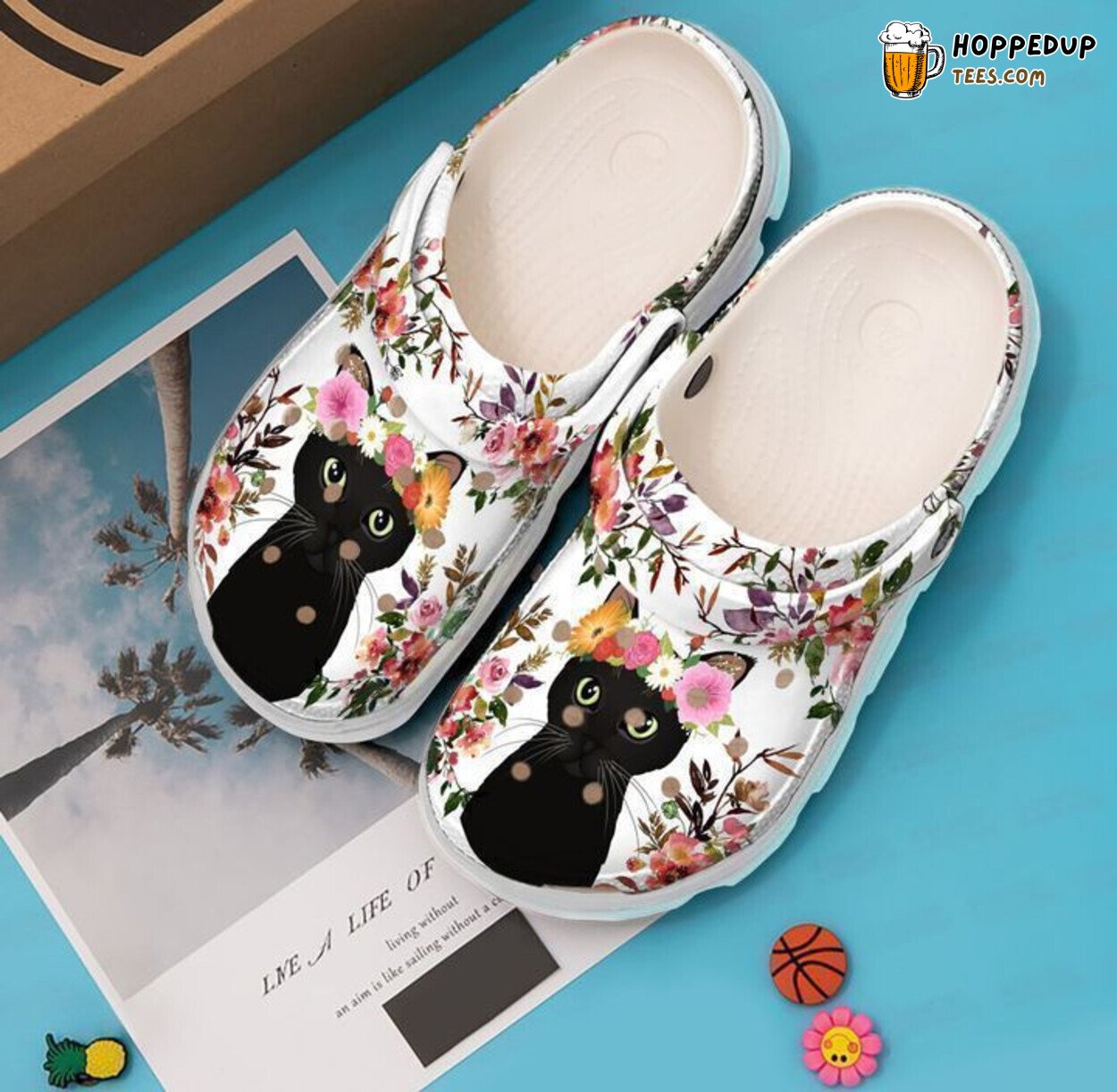 Black Cat Floral Theme Classic Comfortable Clogs Shoes Unique Nature Inspired