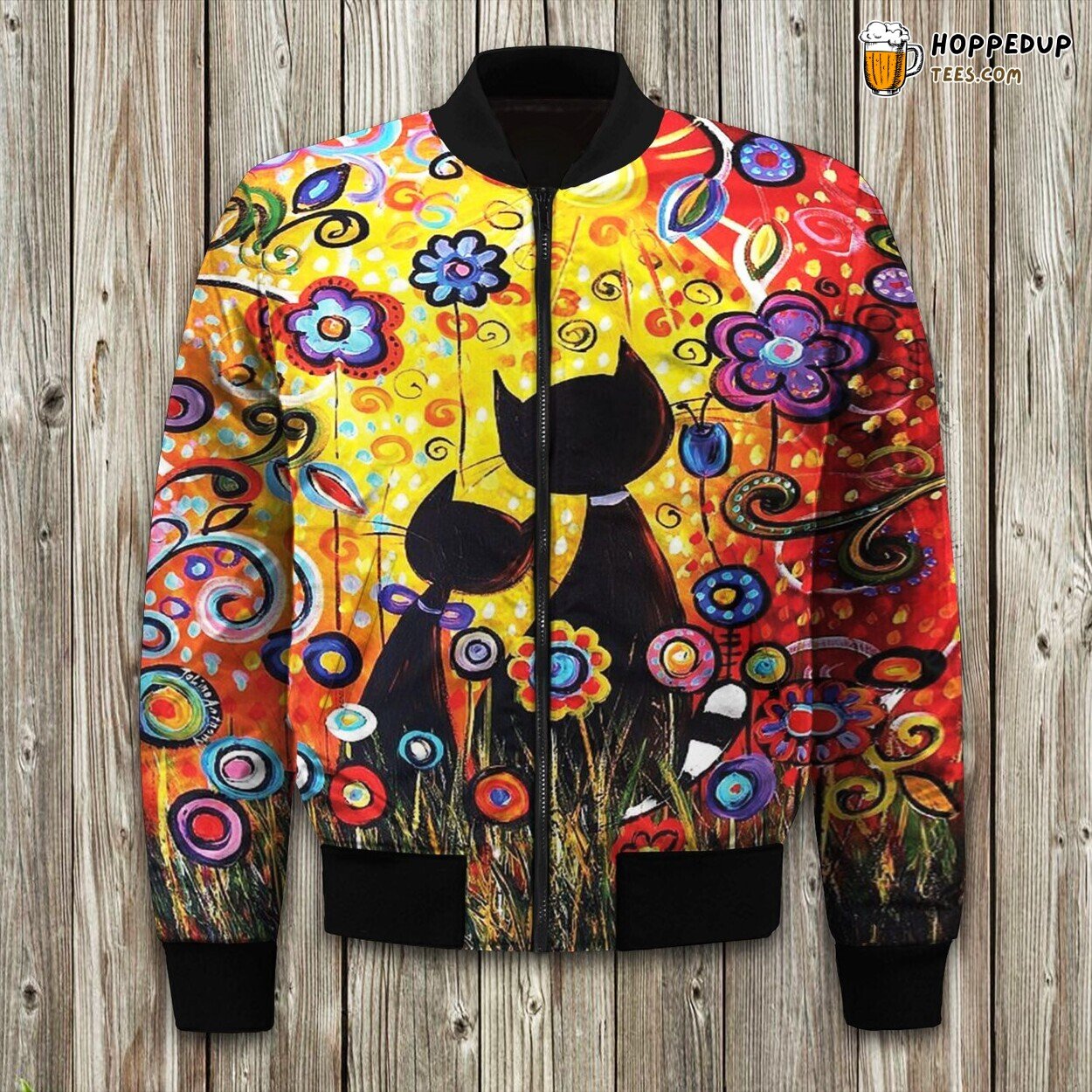 Black Cat Papar Design Winter Bomber Jacket Mysterious Allure