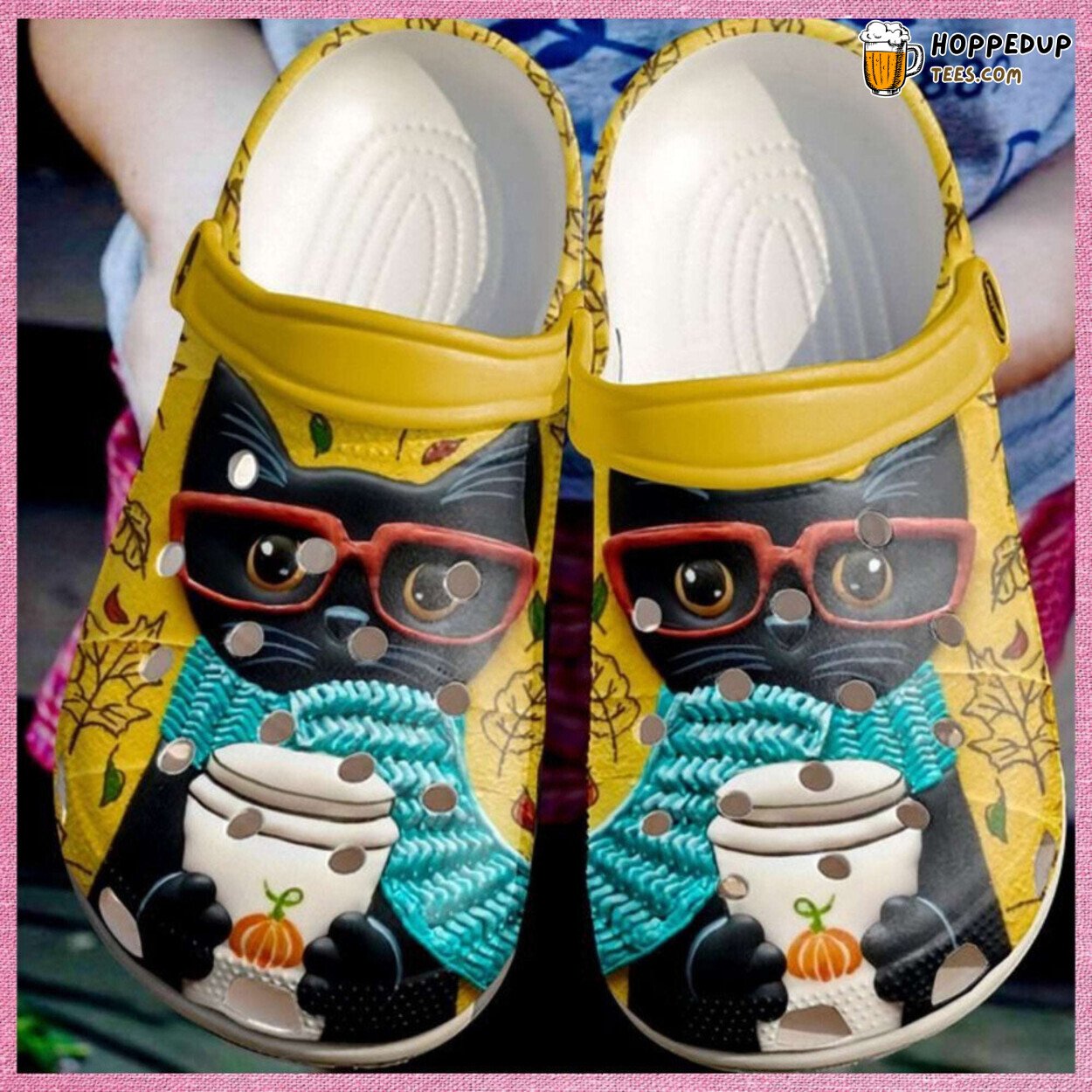 Black Cat Pumpkin Drink Themed Rubber Clog Shoes Comfy Halloween Design