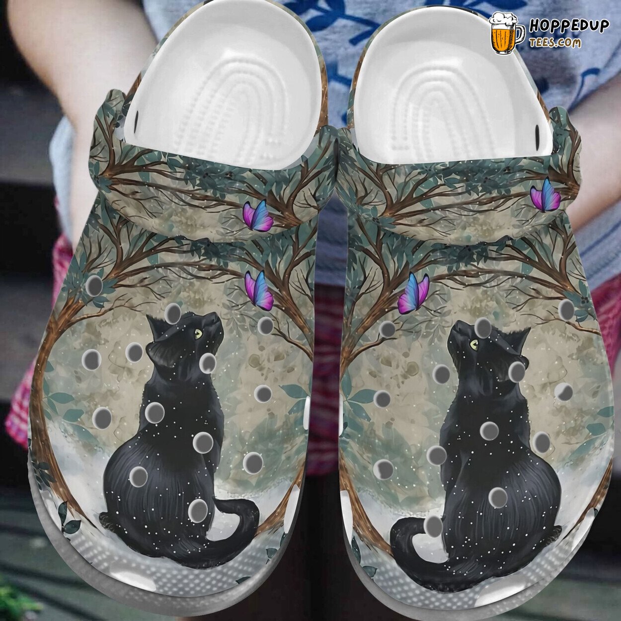 Black Cat Under Tree Themed Clogs Birthday Gift Nature Inspired Design