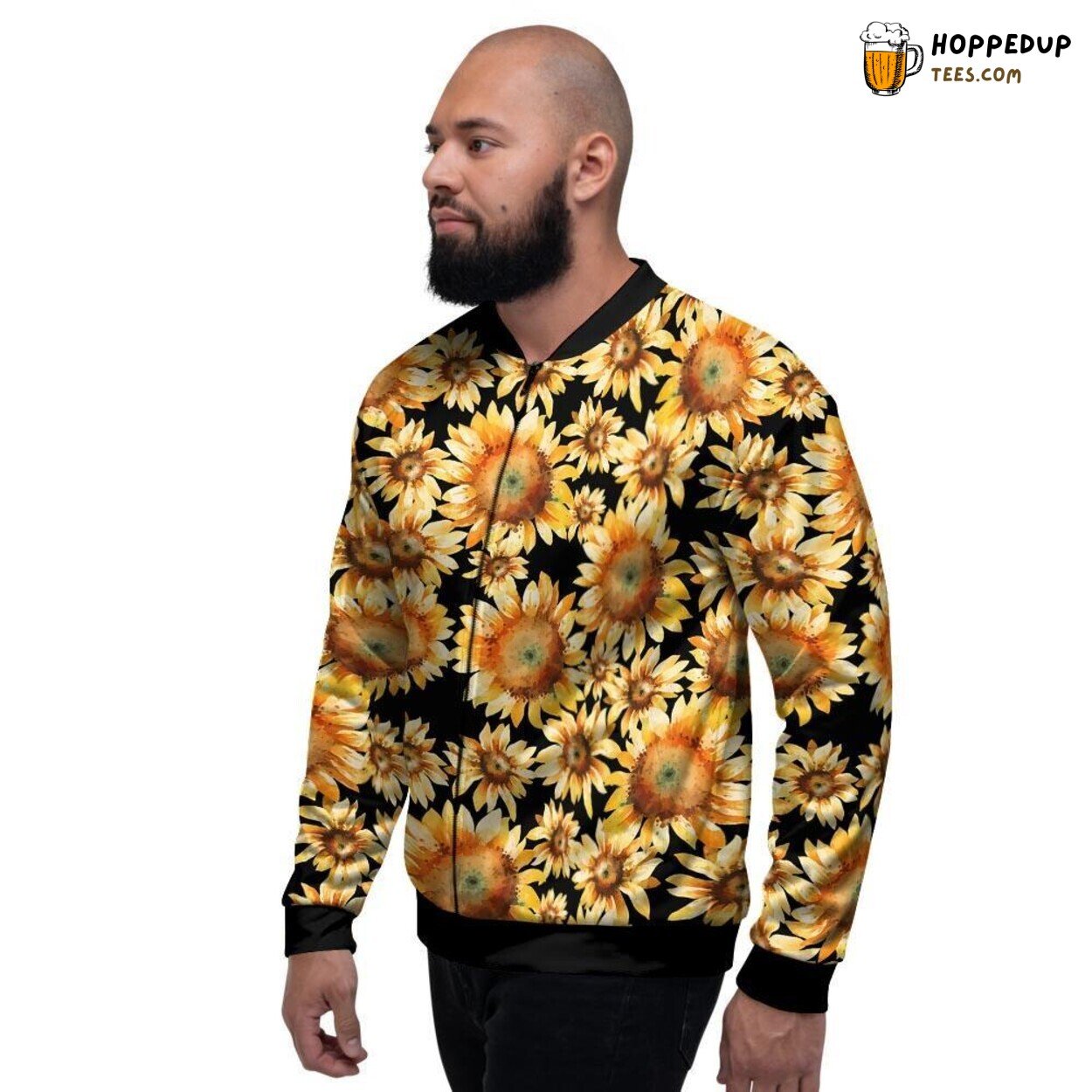 Black Elegant Sunflower Display Men’s Bomber Jacket Floral Pattern Tribute