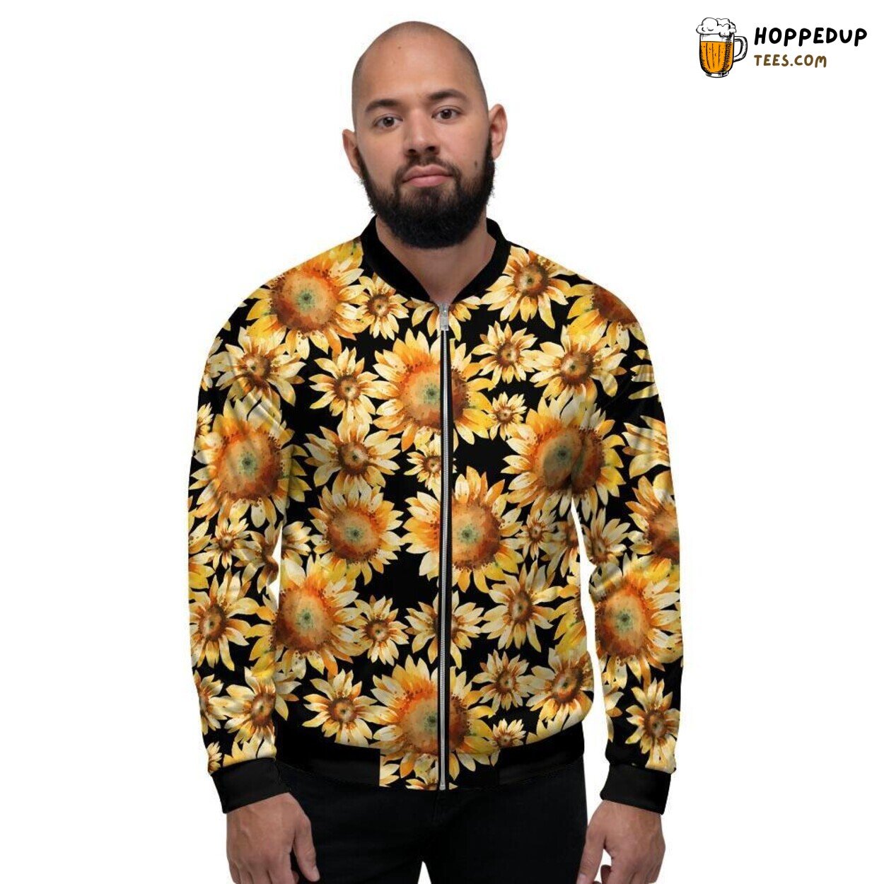 Black Elegant Sunflower Display Men’s Bomber Jacket Floral Pattern Tribute