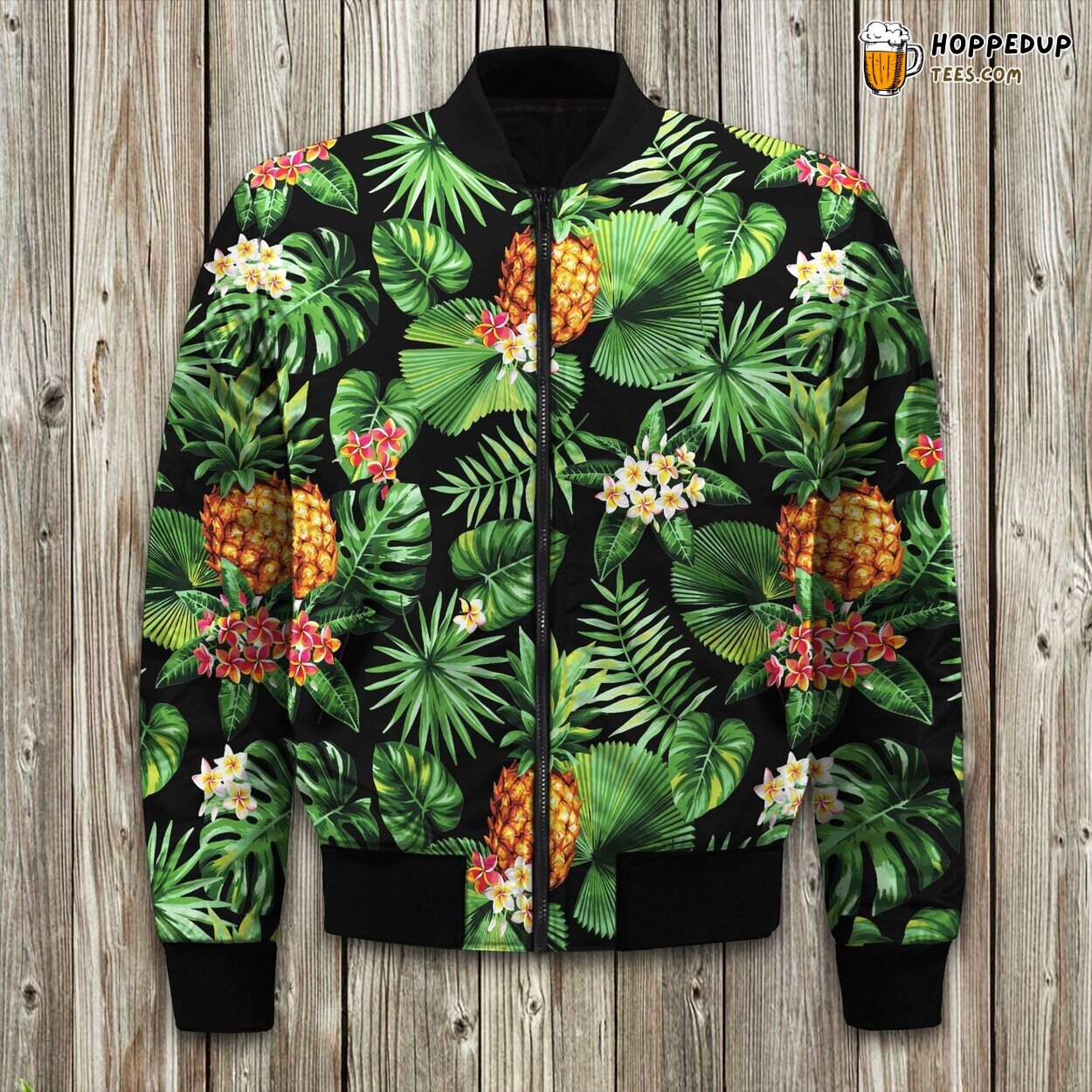 Black Hawaiian Pineapple Bomber Jacket