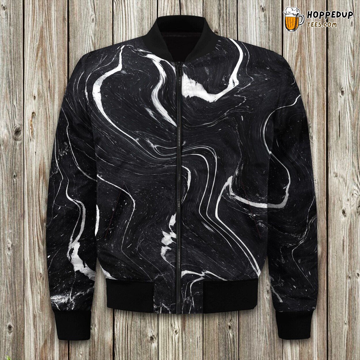 Black Marble Waves Bomber Jacket