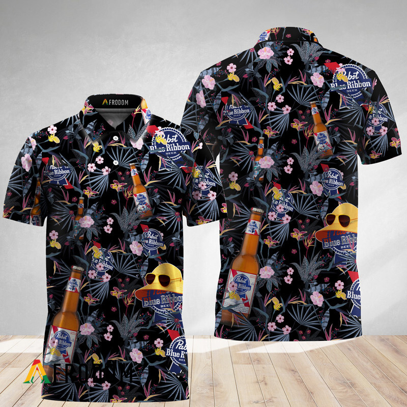 Black Palm Floral Pabst Blue Ribbon Polo Shirt HU