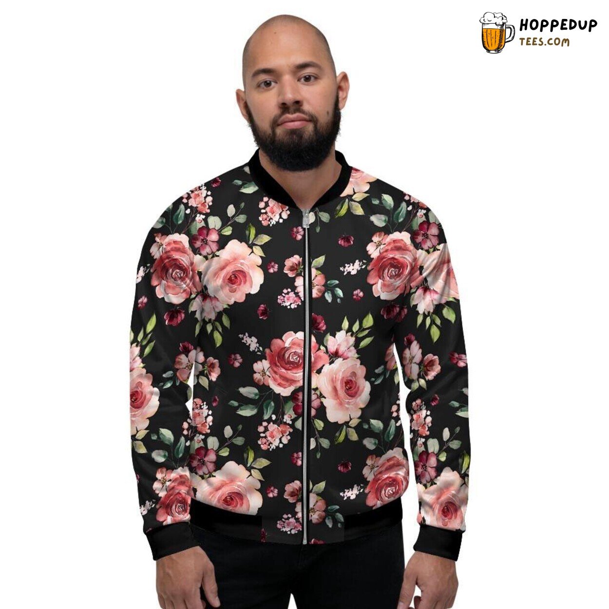 Black Pink Floral Rose Print Bomber Jacket Men’s Trendy Artistic Style Wear
