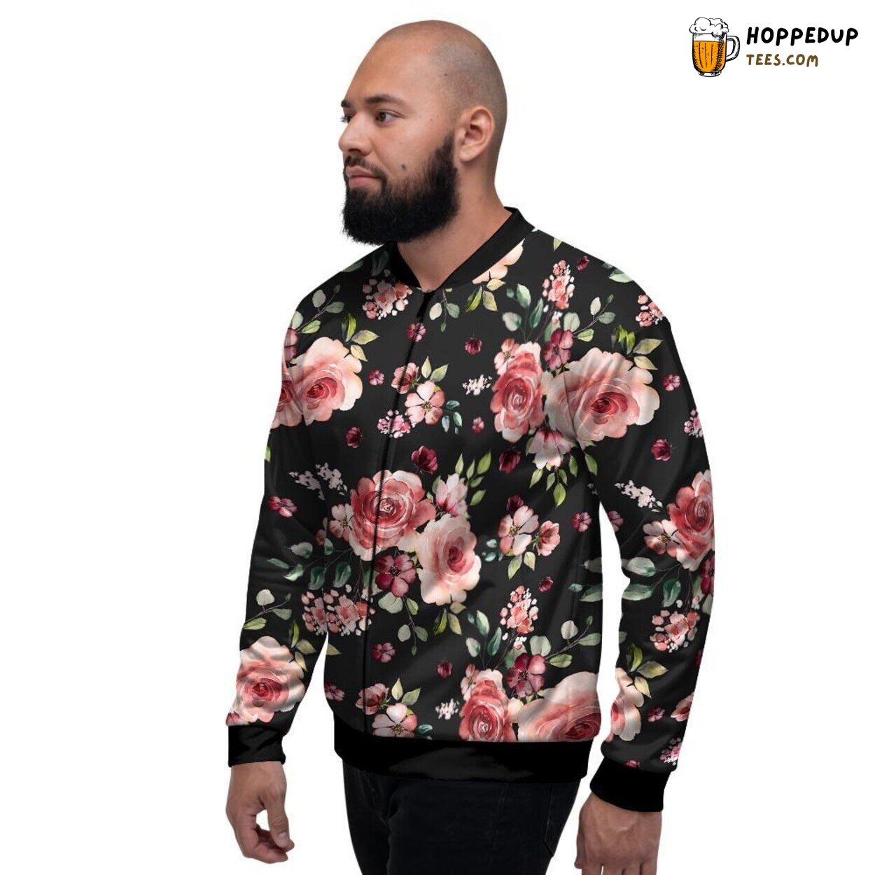 Black Pink Floral Rose Print Bomber Jacket Men’s Trendy Artistic Style Wear