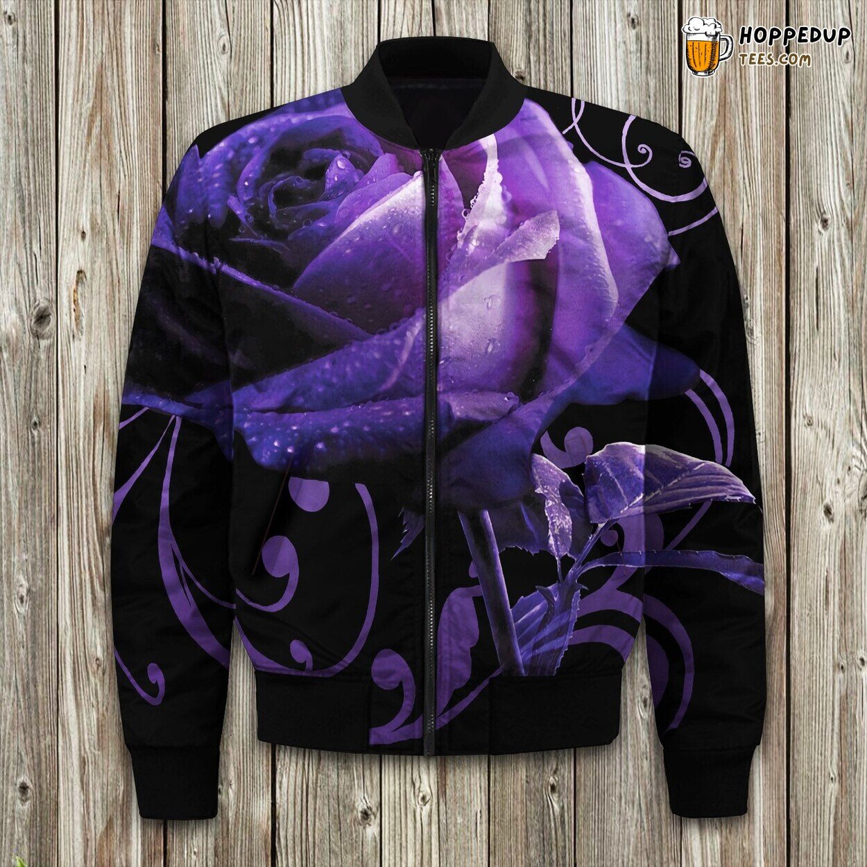 Black Purple Rose Bomber Jacket