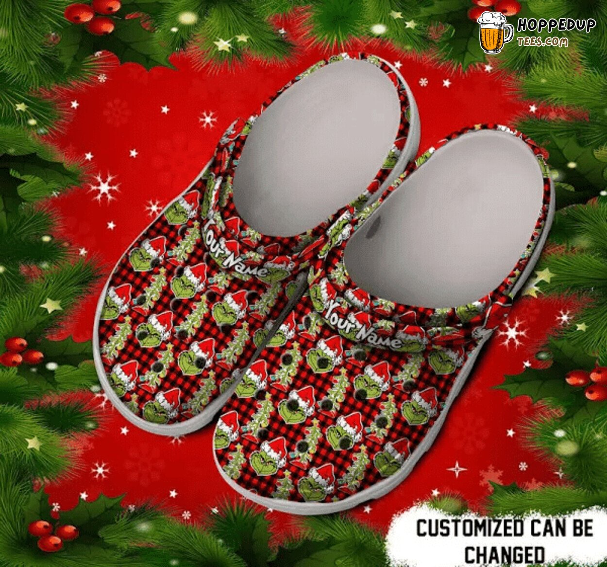 Black Red Tartan Grinch Christmas Custom Name Clog Shoes Gift