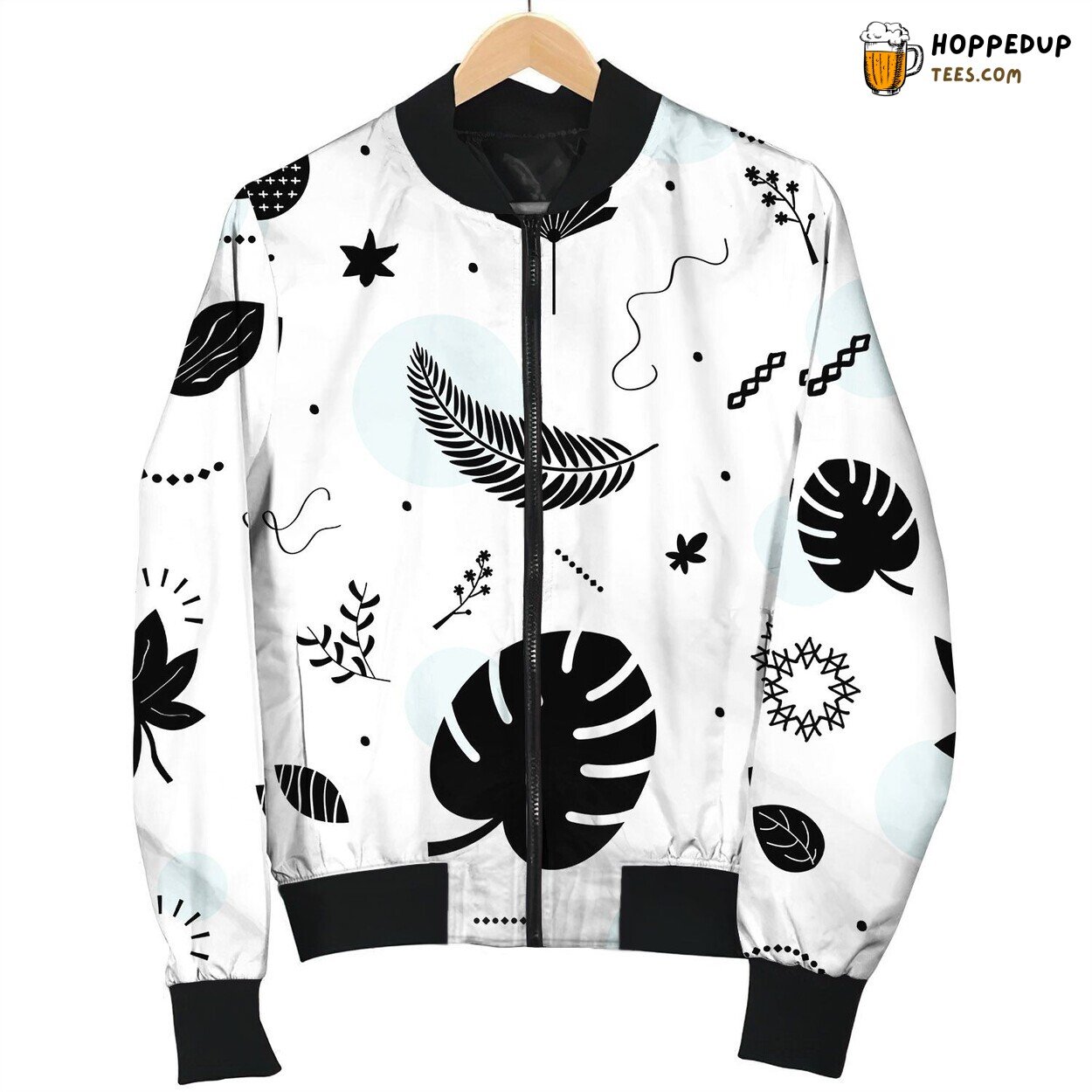 Black Silhouette Summer Tropical Leaves Pattern Bomber Jacket