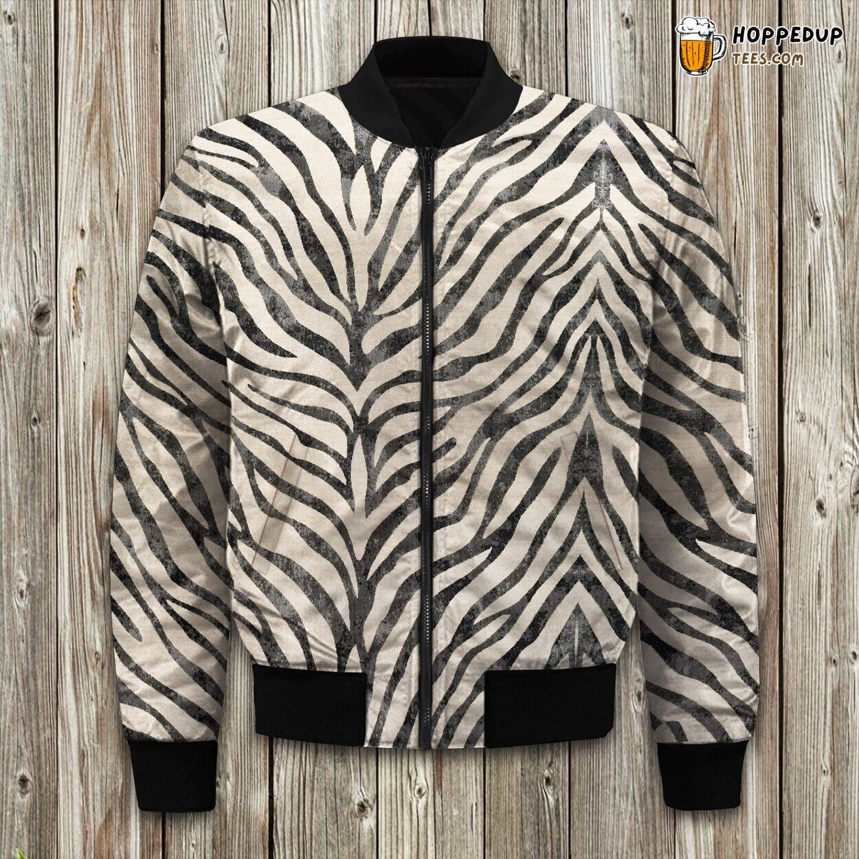Black White And Beige Stripe And Leopard Shabby Bomber Jacket