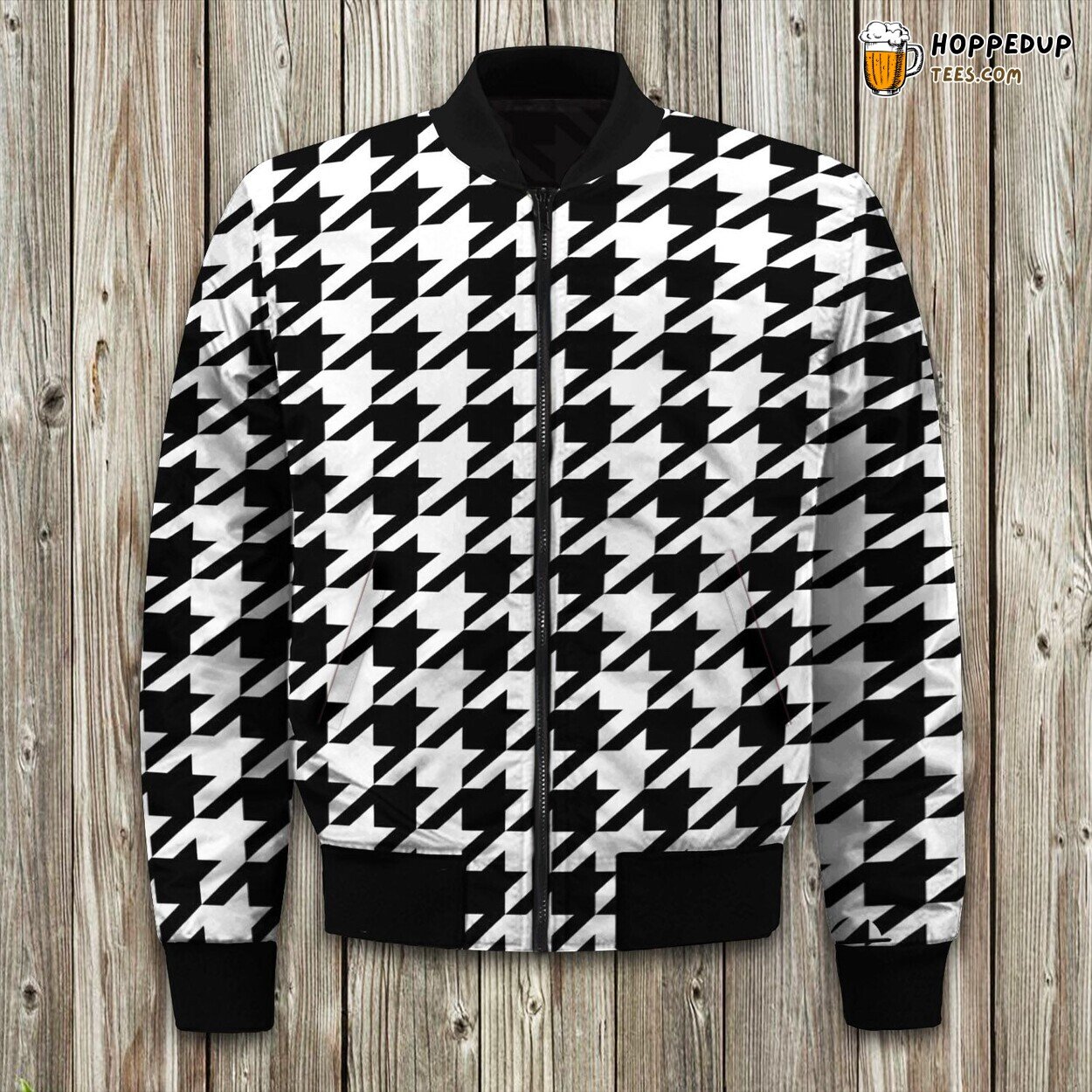 Black White Houndstooth Design Bomber Winter Jacket Classic Coat
