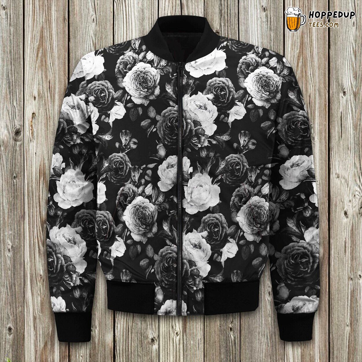 Black White Rose Floral Bomber Jacket
