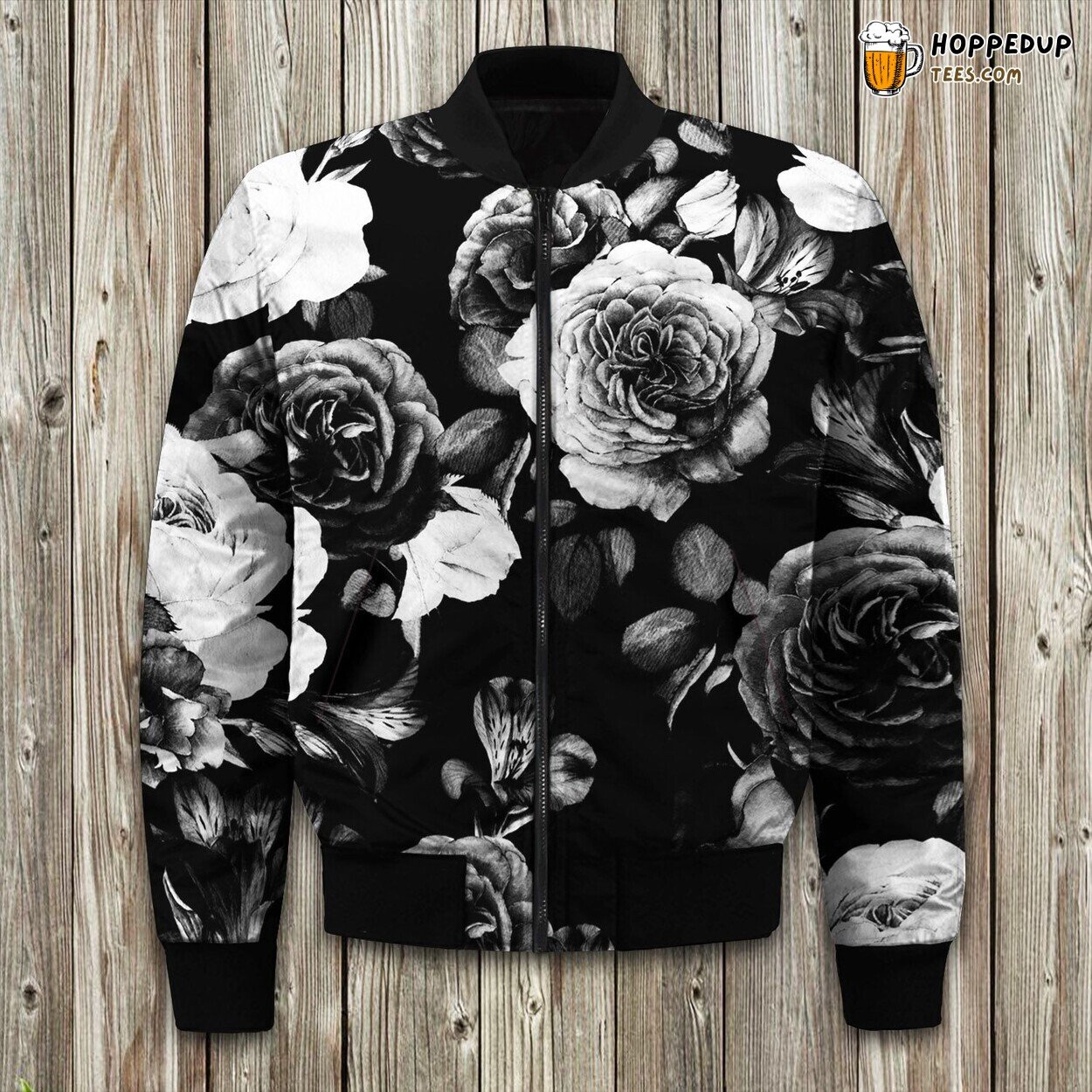 Black White Rose Floral Bomber Jacket Winter Tailored Unique Design