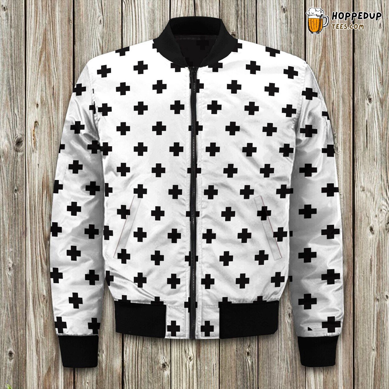 Black White Swiss Cross Pattern Bomber Jacket Winter Crafted Edition