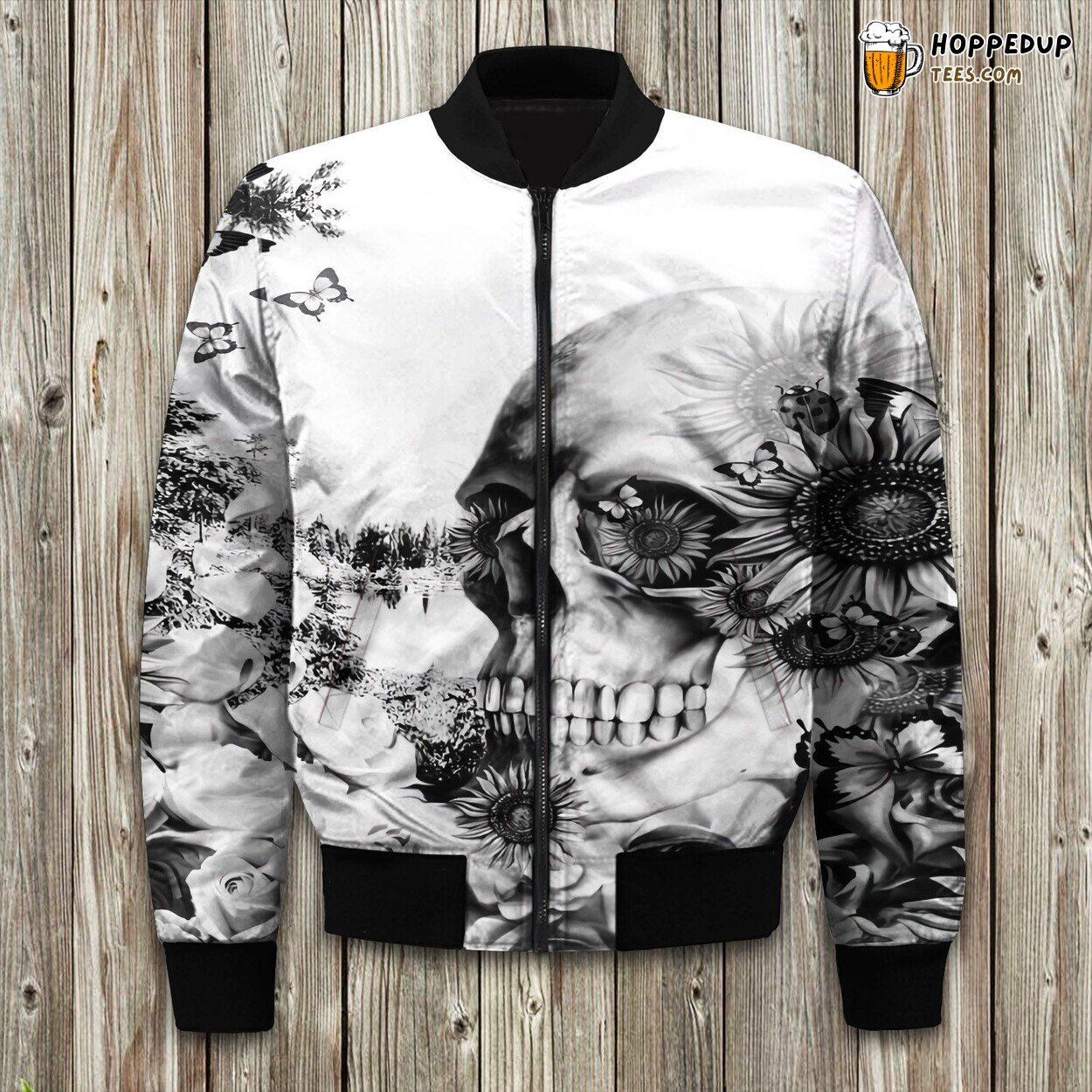 Blooming Darkness Sunflower Skull Winter Bomber Jacket Edgy Fashion Look