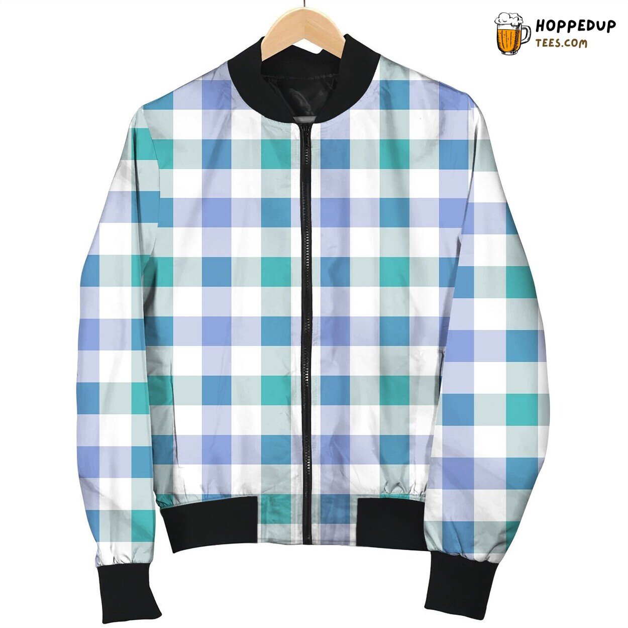 Blue And Green Gingham Bomber Jacket