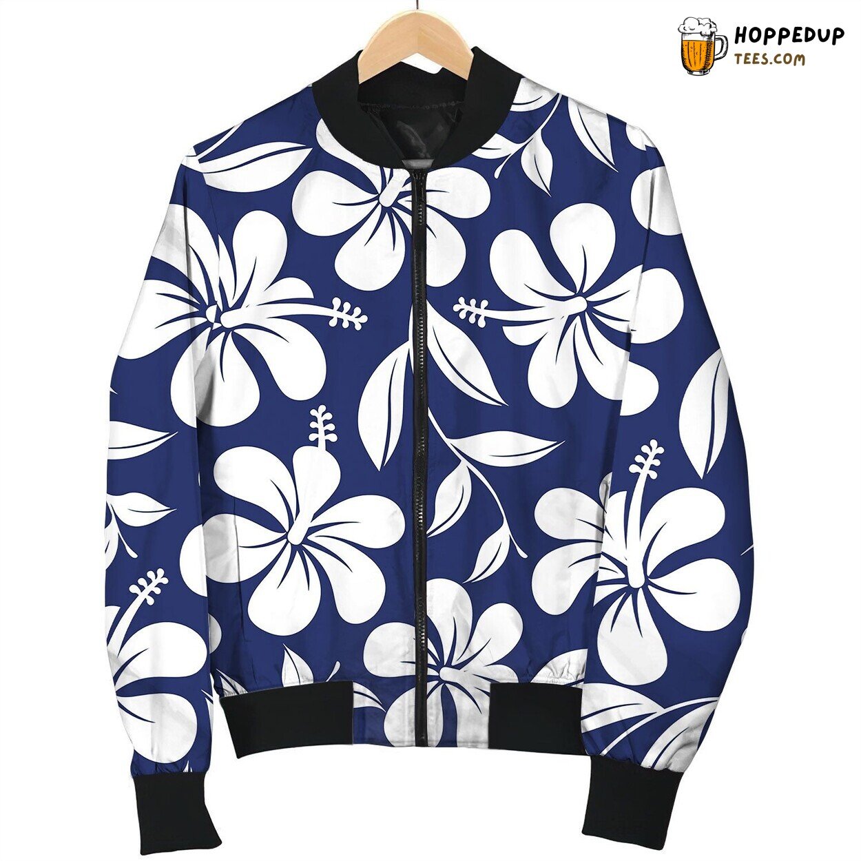 Blue And White Tropical Hibiscus Flowers Bomber Jacket