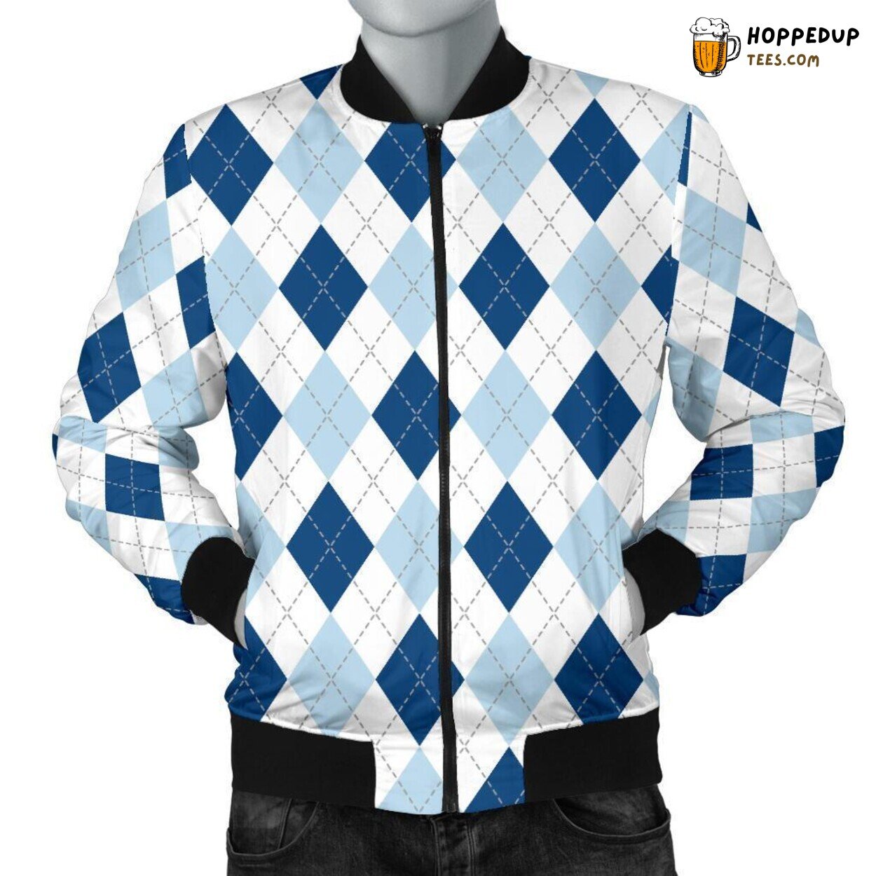 Blue Argyle Pattern Print Men’s Stylish Bomber Jacket Design