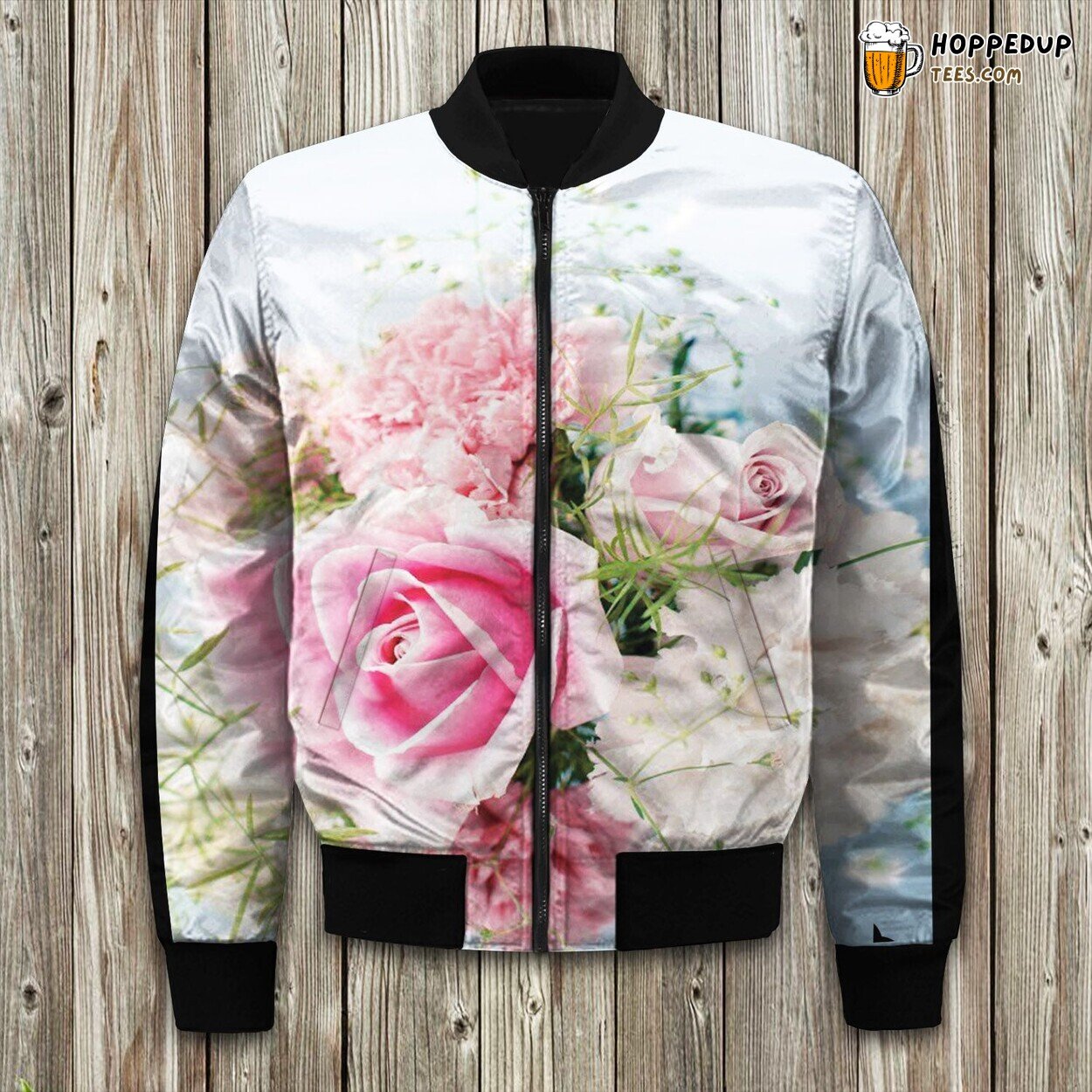 Blue Background Pink Roses Flowers Floral Bomber Jacket