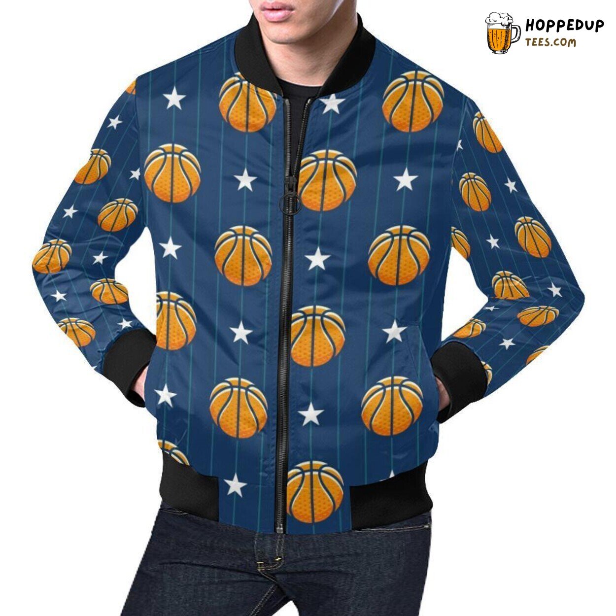 Blue Basketball Pattern Print Men’s Bomber Jacket Unique Design Blue Basketball Pattern Print Men’s Bomber Jacket Unique Design