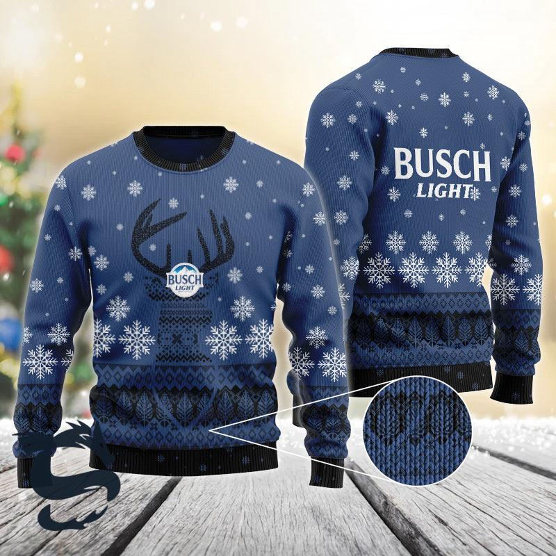 Blue Busch Light Reindeer Snowy Christmas Sweater HU
