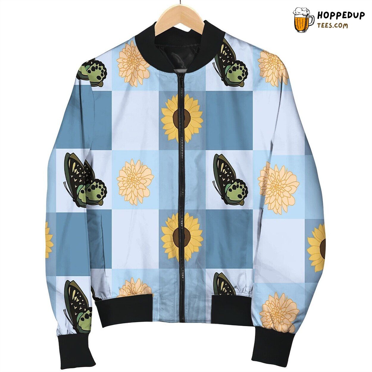 Blue Butterfly And Flower Plaid Pattern By Courtney Graben Bomber Jacket