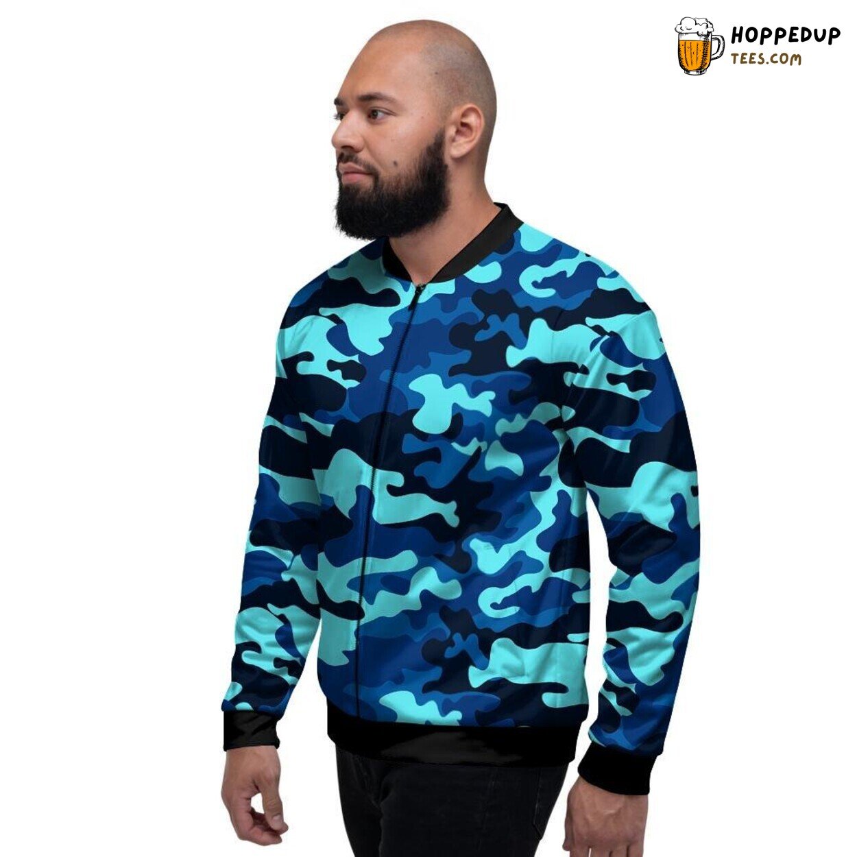 Blue Camouflage Military Inspired Print Men’s Bomber Jacket Nature Pattern Art