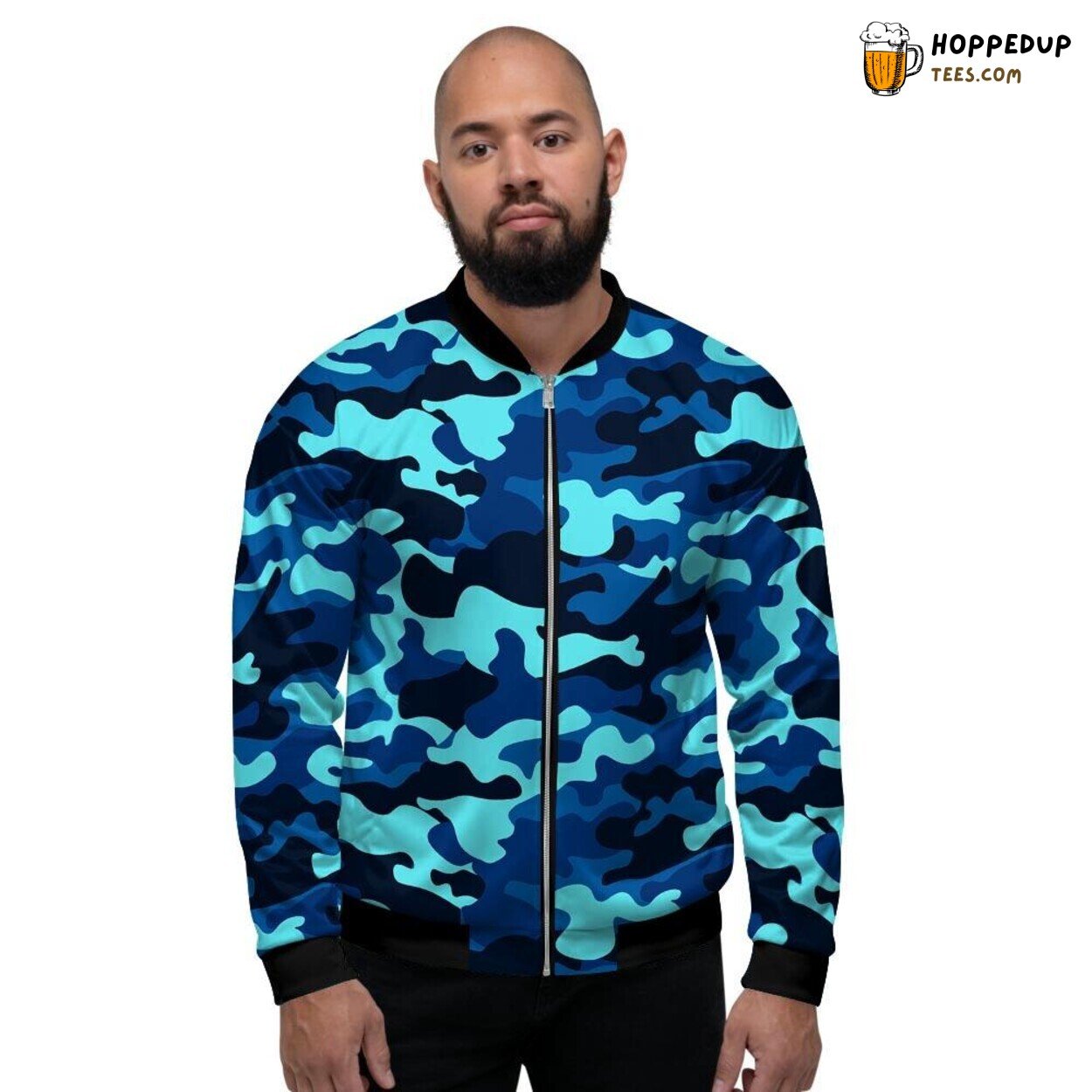Blue Camouflage Military Inspired Print Men’s Bomber Jacket Nature Pattern Art