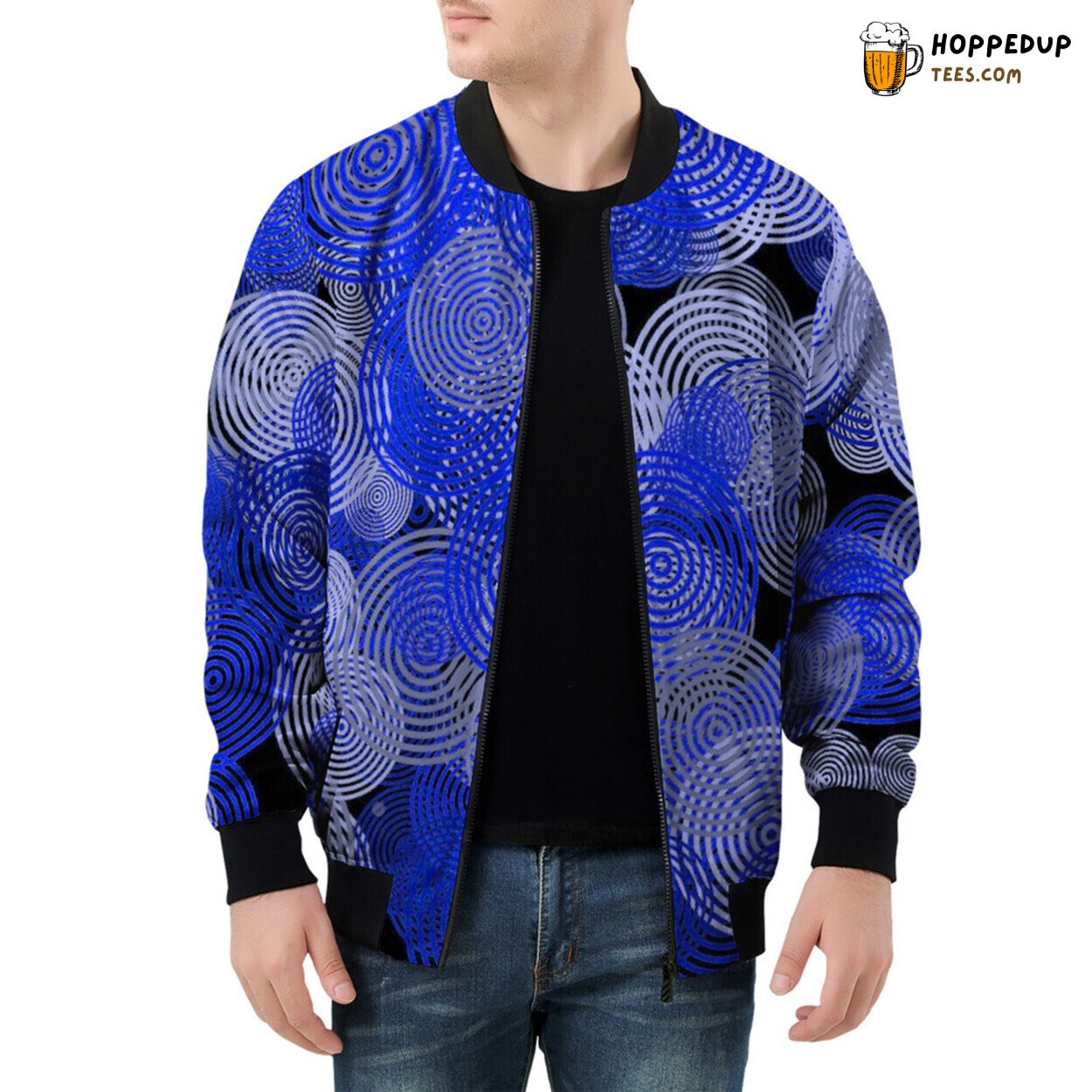Blue Circular Patterns Enchant on Men’s Bomber Jacket Fabric