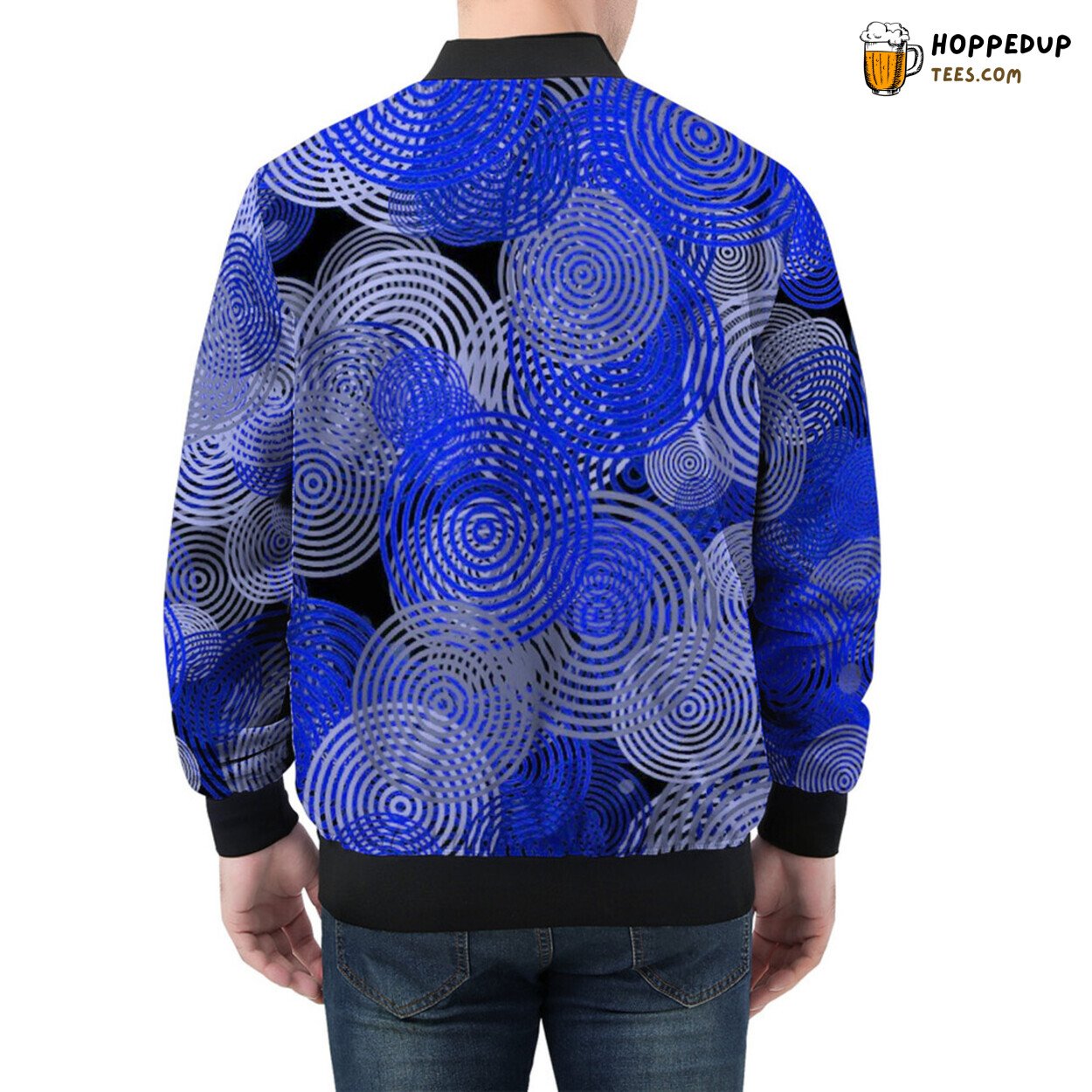 Blue Circular Patterns Enchant on Men’s Bomber Jacket Fabric
