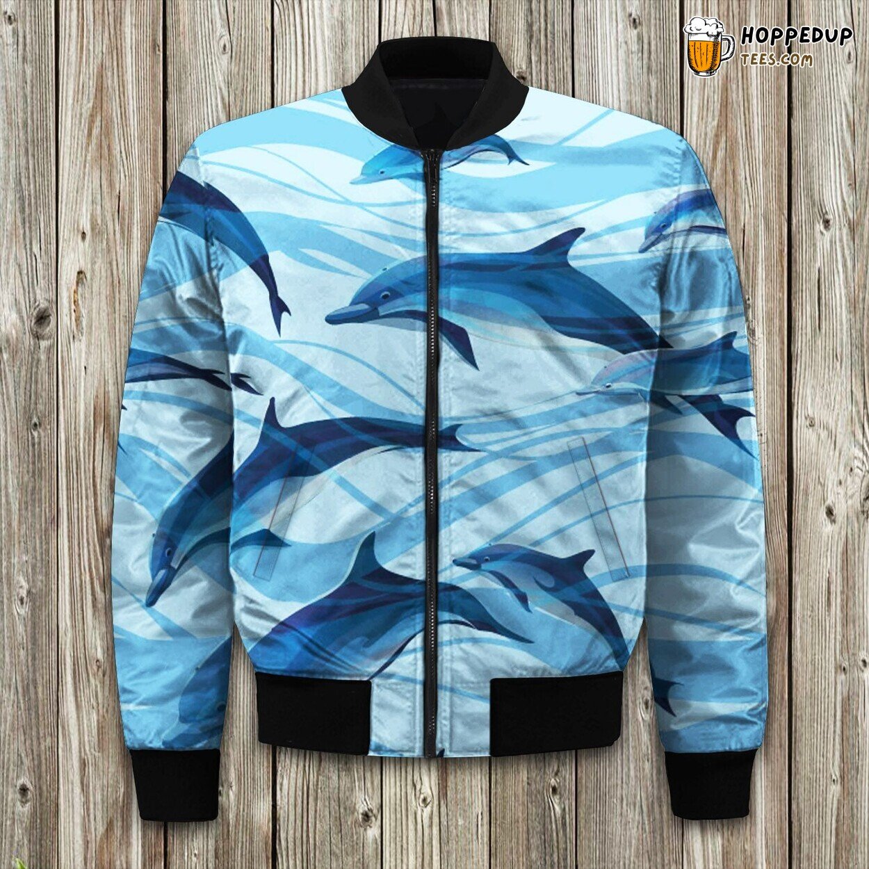 Blue Dolphin Themed Bomber Jacket Dive into Winter Waves of Style