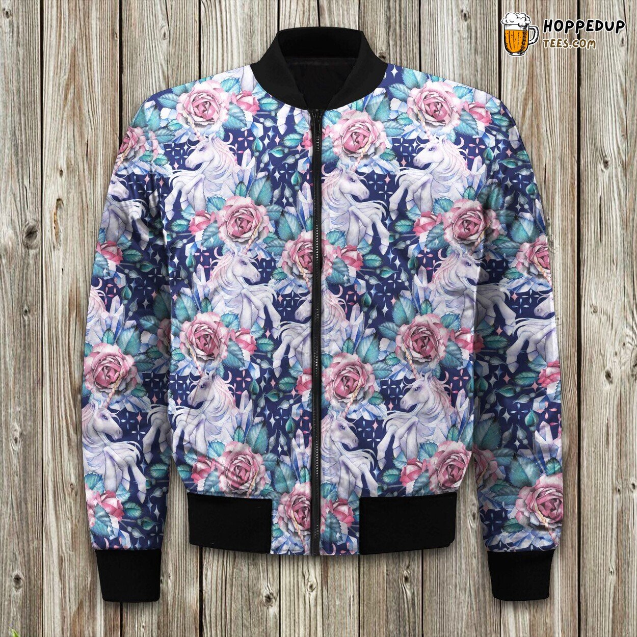 Blue Fairy Rose Unicorn Bomber Jacket