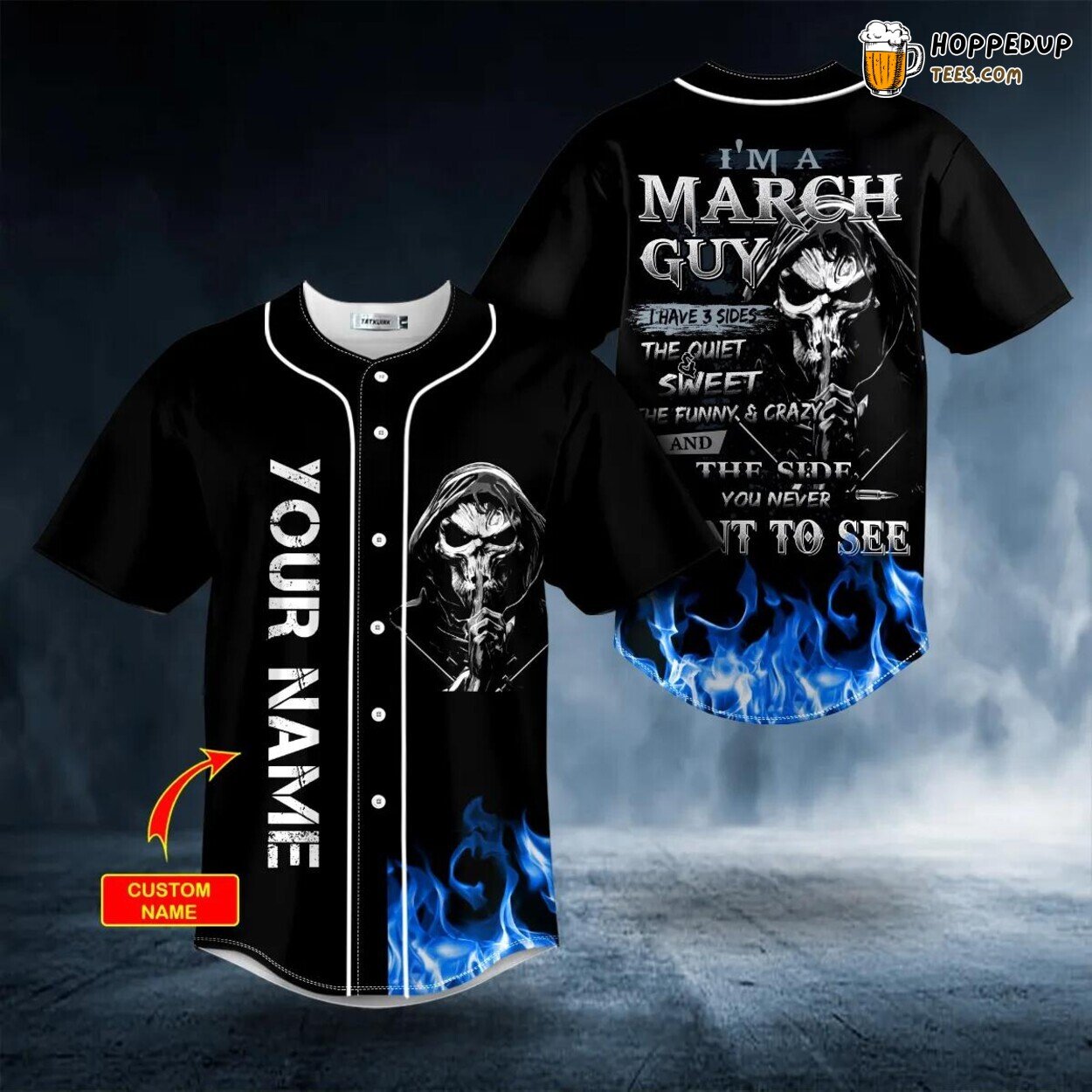 Blue Fire Skull Baseball Jersey Unique Design Edition March Guy Inspired