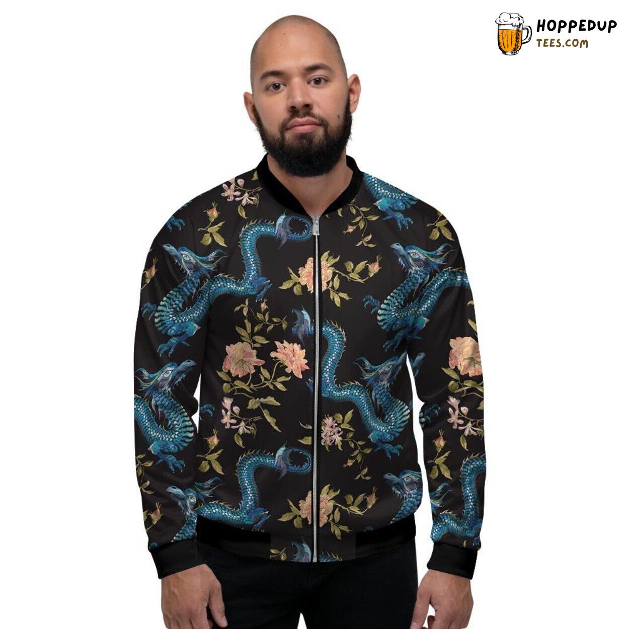 Blue Floral Chinese Dragon Design Men’s Bomber Jacket Mystical Tribute Display