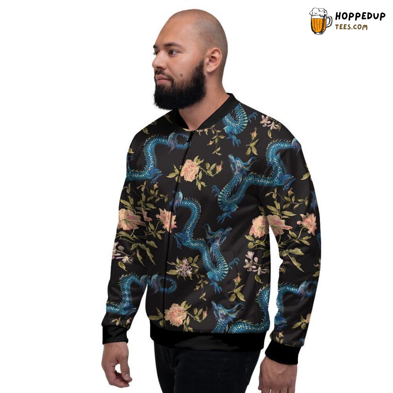 Blue Floral Chinese Dragon Design Men’s Bomber Jacket Mystical Tribute Display