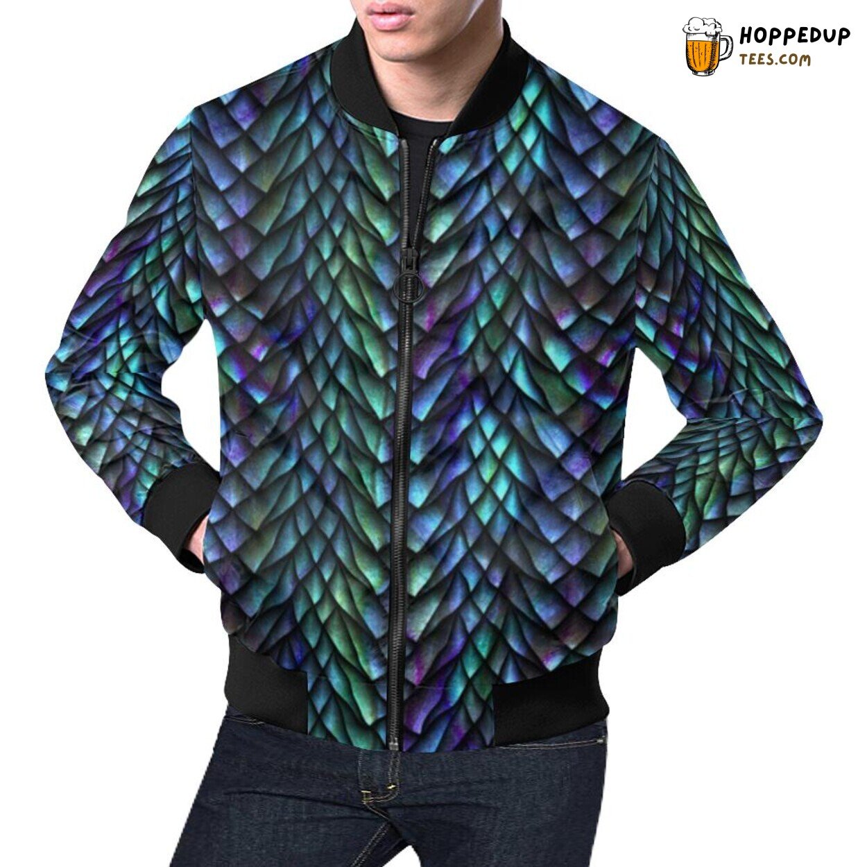 Blue Green Egg Skin Dragon Pattern Men’s Bomber Jacket Print