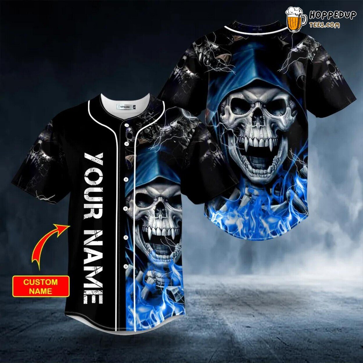 Blue Grim Reaper Fire Lightning Baseball Jersey Unique Custom Design
