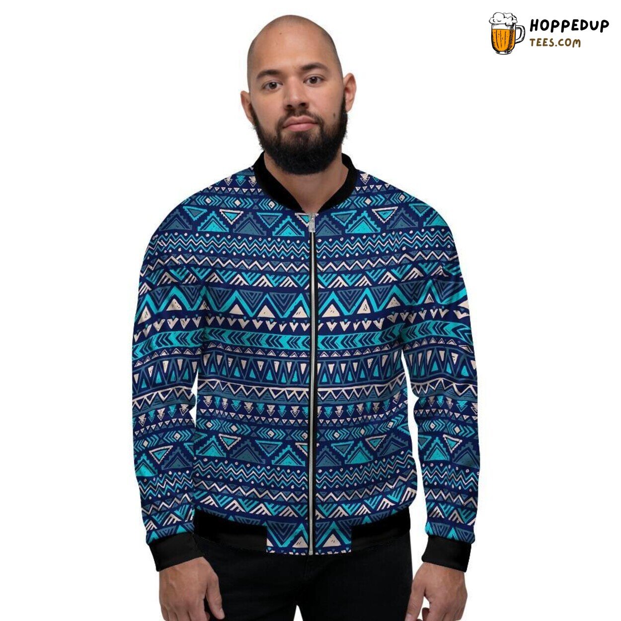 Blue Hand Drawn Tribal Aztec Elegance Men’s Bomber Jacket Artistic Display