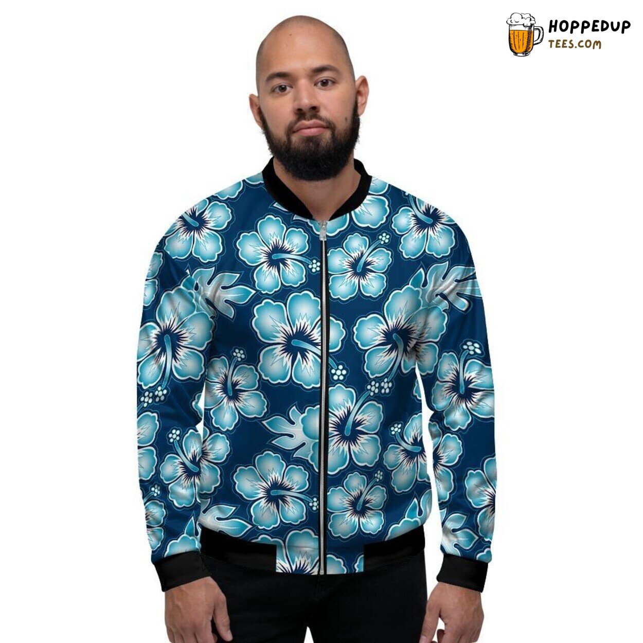 Blue Hibiscus Hawaiian Vibrant Print Men’s Bomber Jacket Tropical Island Vibes